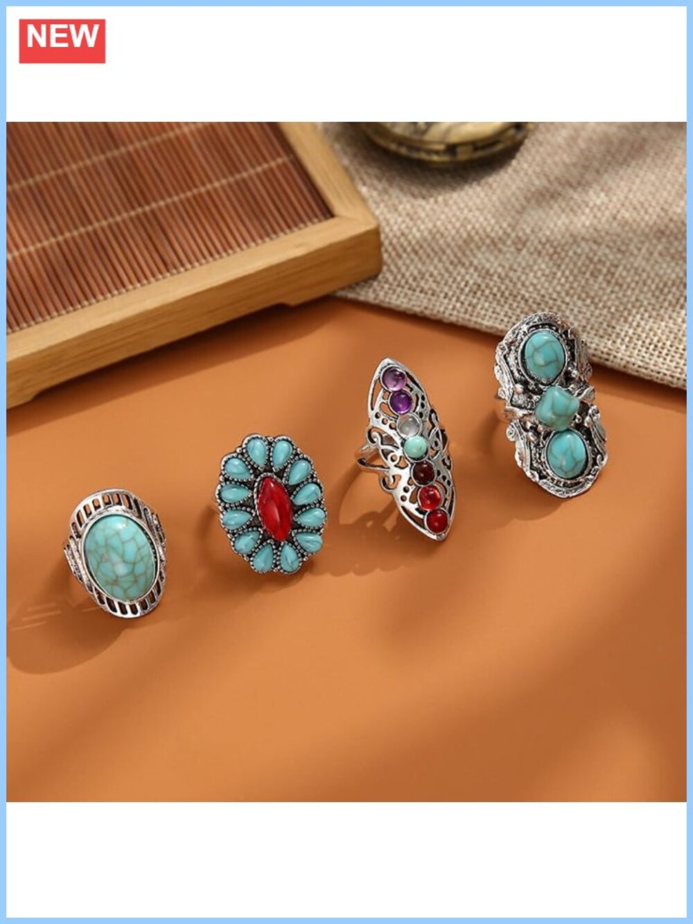 Boho Turquoise Knuckle Rings Set Chunky Stackable Western Stacking Rings - Picture 4 of 5